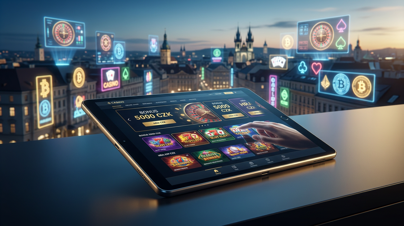 Moderní digitální hazardní svět s tabletem zobrazujícím online casino bonusy